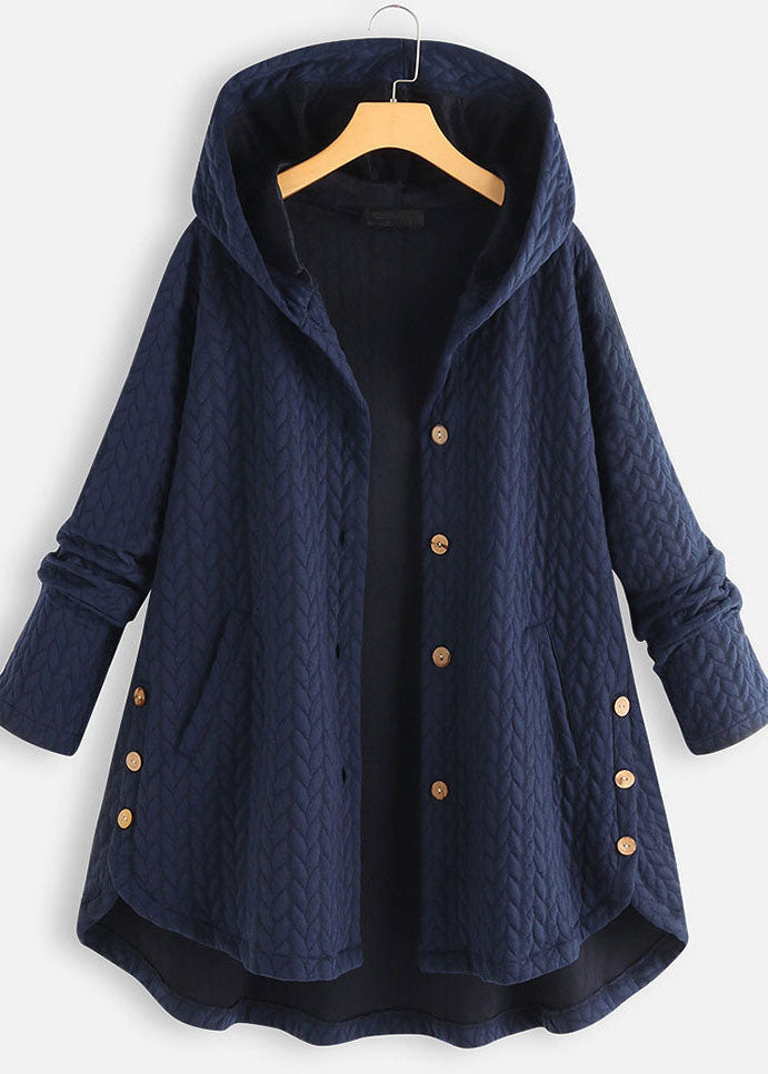 Simple Red Hooded Button Low High Design Patchwork Thick Coats Fall