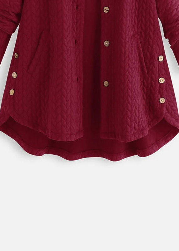 Simple Red Hooded Button Low High Design Patchwork Thick Coats Fall