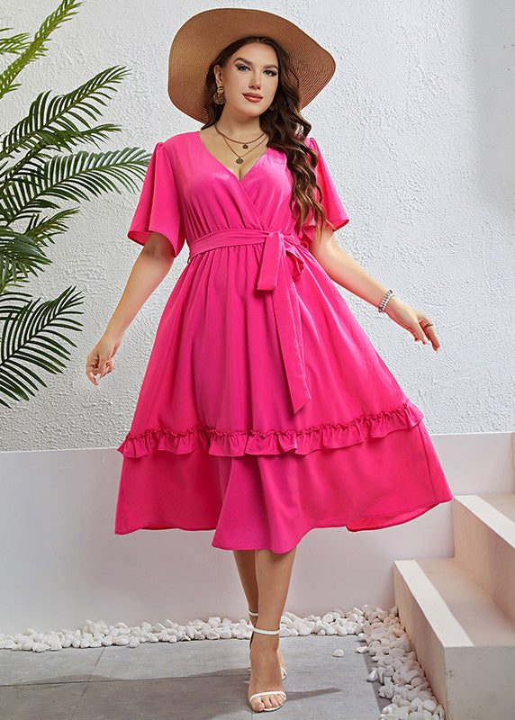 Simple Rose Ruffled Patchwork Tie waist Chiffon Maxi Dress Short Sleeve