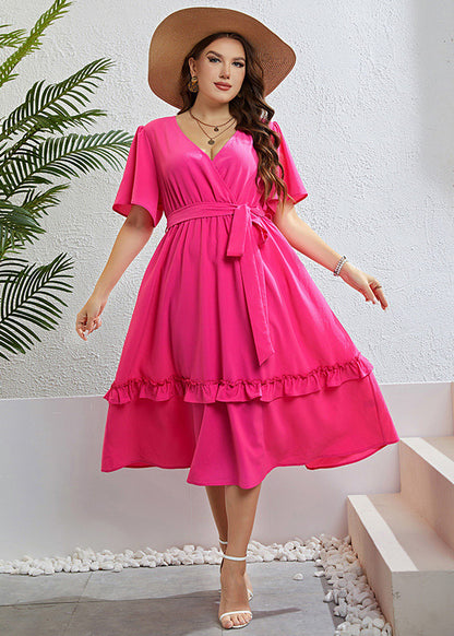 Simple Rose Ruffled Patchwork Tie waist Chiffon Maxi Dress Short Sleeve