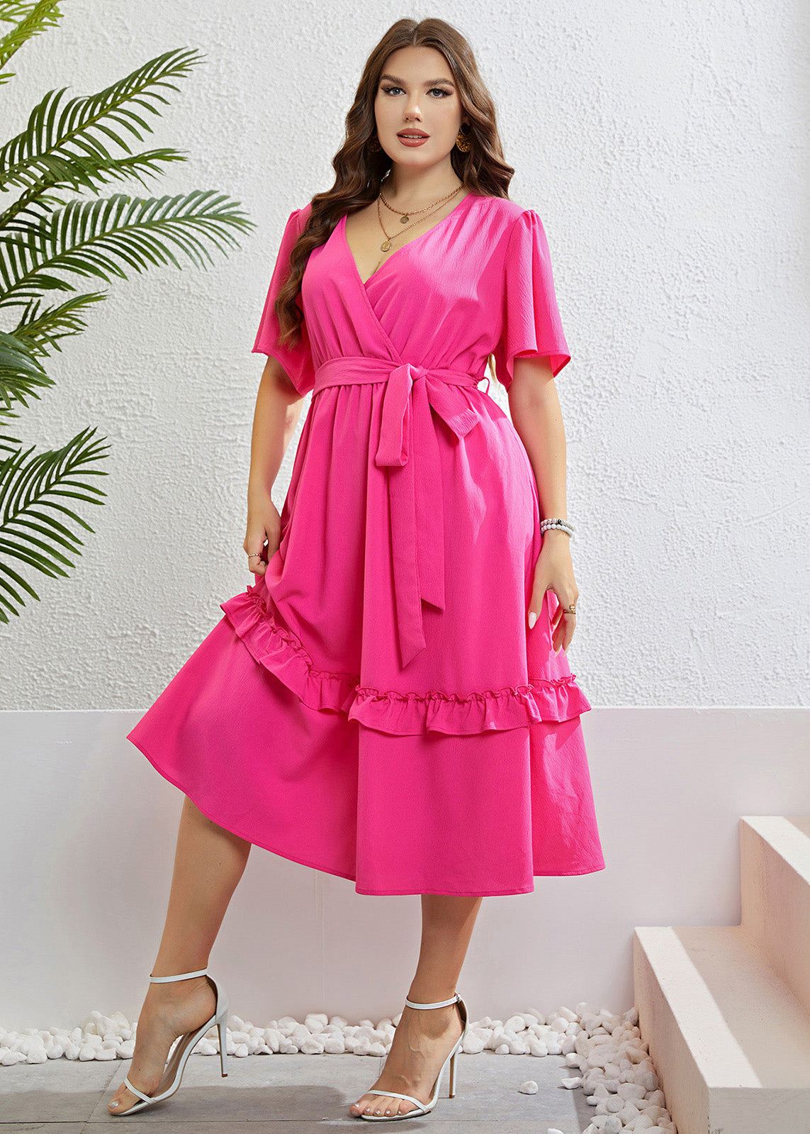Simple Rose Ruffled Patchwork Tie waist Chiffon Maxi Dress Short Sleeve