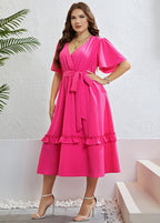 Simple Rose Ruffled Patchwork Tie waist Chiffon Maxi Dress Short Sleeve