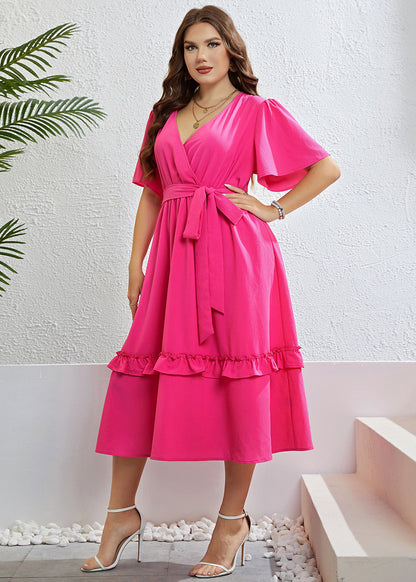 Simple Rose Ruffled Patchwork Tie waist Chiffon Maxi Dress Short Sleeve