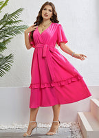 Simple Rose Ruffled Patchwork Tie waist Chiffon Maxi Dress Short Sleeve