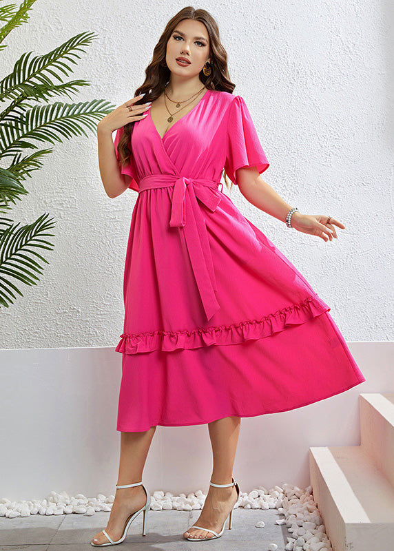 Simple Rose Ruffled Patchwork Tie waist Chiffon Maxi Dress Short Sleeve