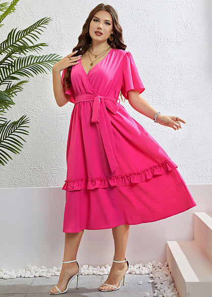Simple Rose Ruffled Patchwork Tie waist Chiffon Maxi Dress Short Sleeve