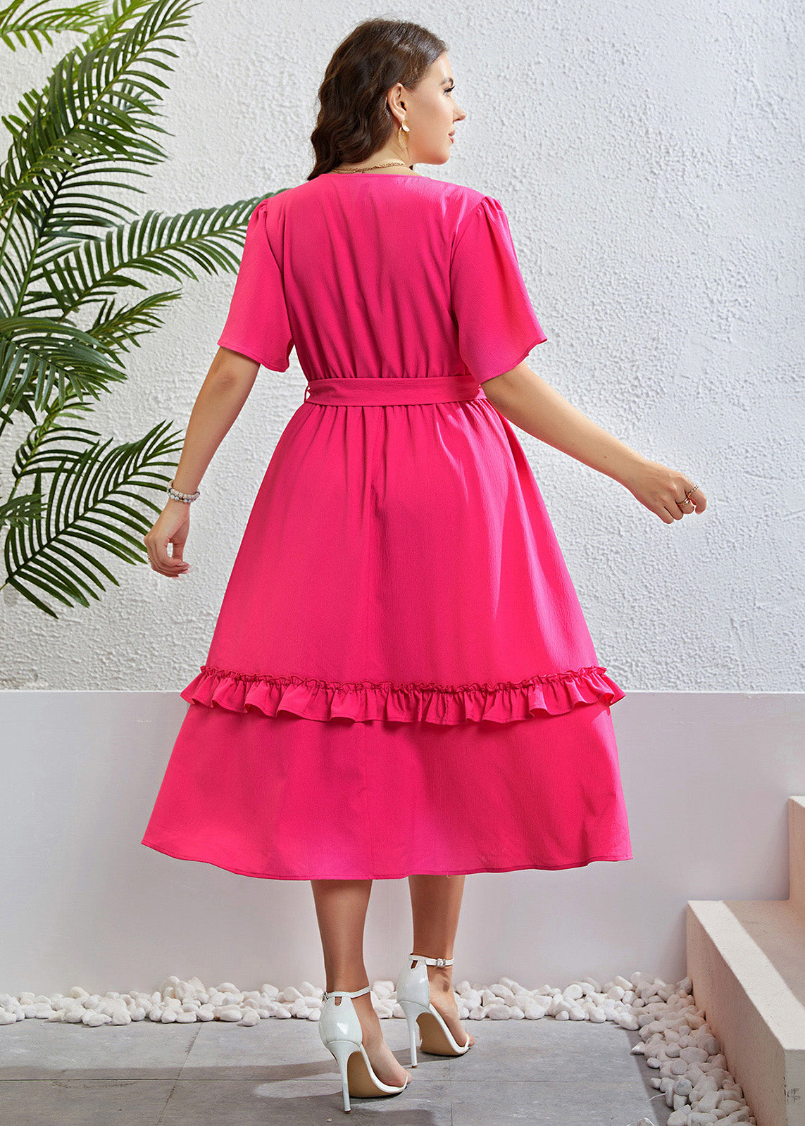 Simple Rose Ruffled Patchwork Tie waist Chiffon Maxi Dress Short Sleeve