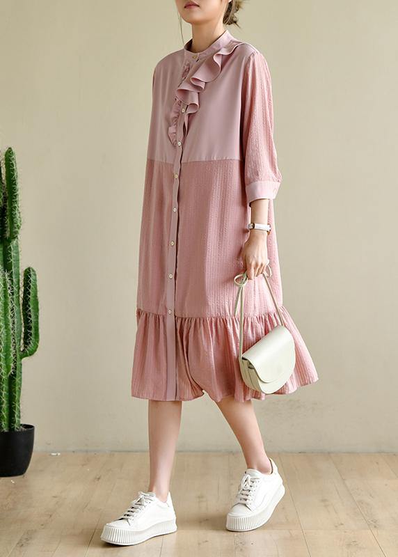Simple Ruffles Maxi Patchwork Pink Dresses