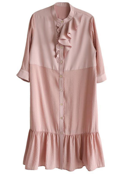 Simple Ruffles Maxi Patchwork Pink Dresses