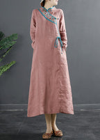 Simple Stand Collar Tunics Pink Embroidery Robe Dresses