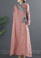 Simple Stand Collar Tunics Pink Embroidery Robe Dresses