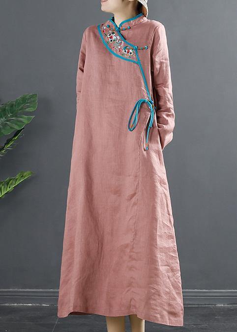 Simple Stand Collar Tunics Pink Embroidery Robe Dresses