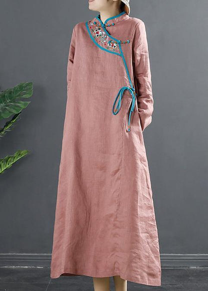 Simple Stand Collar Tunics Pink Embroidery Robe Dresses