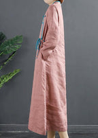 Simple Stand Collar Tunics Pink Embroidery Robe Dresses