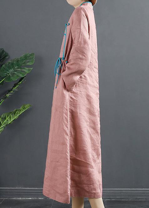 Simple Stand Collar Tunics Pink Embroidery Robe Dresses
