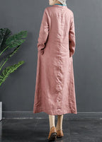 Simple Stand Collar Tunics Pink Embroidery Robe Dresses