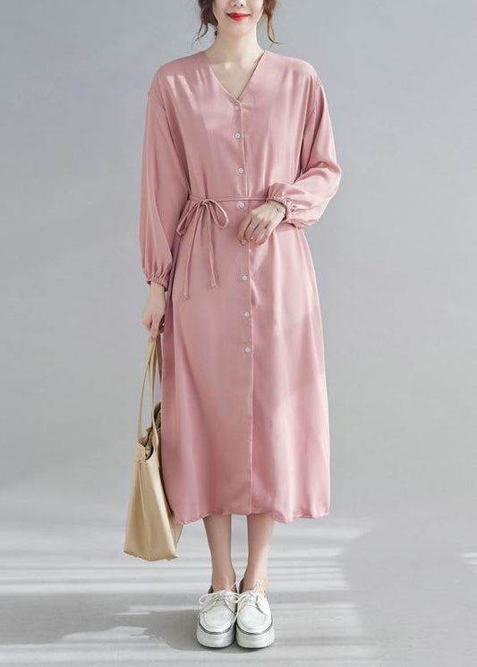 Simple V neck Drawstring Spring Tunics Pink Art Dress