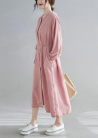 Simple V neck Drawstring Spring Tunics Pink Art Dress