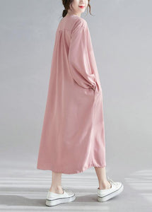 Simple V neck Drawstring Spring Tunics Pink Art Dress