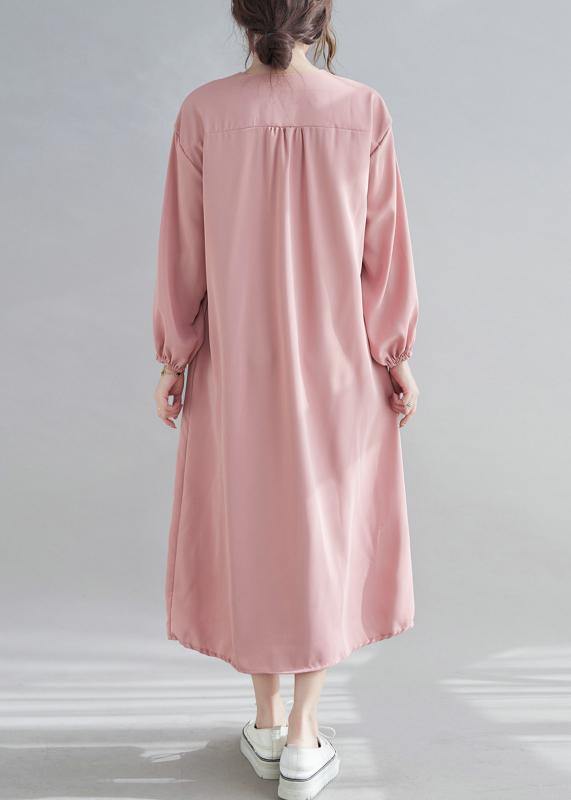 Simple V neck Drawstring Spring Tunics Pink Art Dress