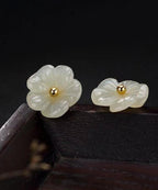 Simple White Sterling Silver Inlaid Jade Floral Stud Earrings
