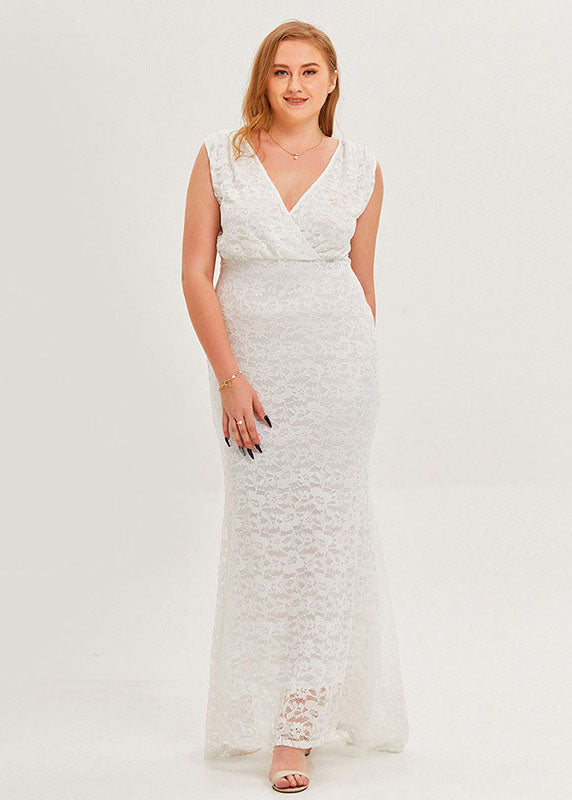 Simple White V Neck Patchwork Sexy Lace Party Dress Sleeveless