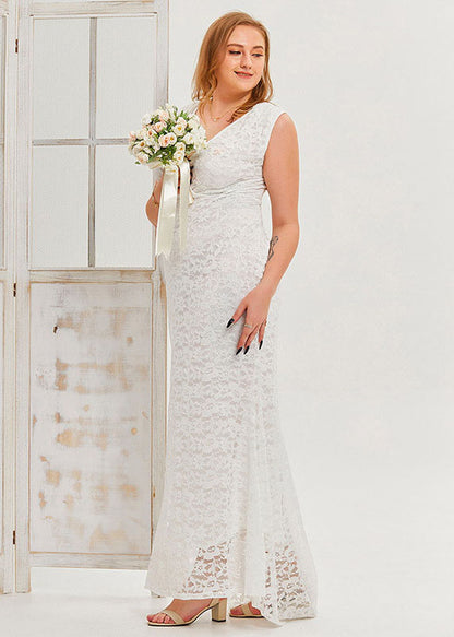 Simple White V Neck Patchwork Sexy Lace Party Dress Sleeveless