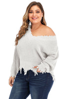 Simple White V Neck Thin Hole Knit Sweater Long Sleeve