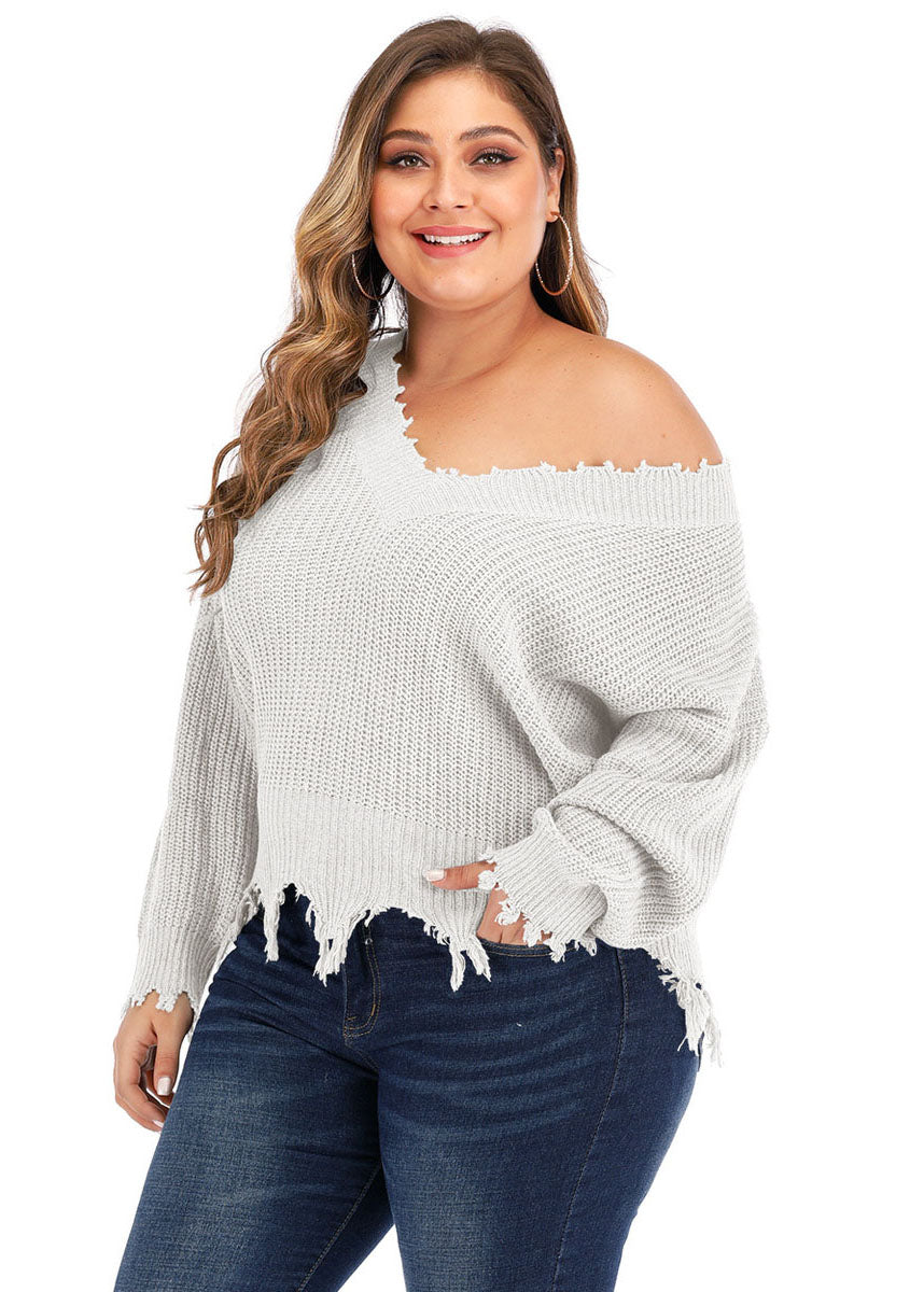 Simple White V Neck Thin Hole Knit Sweater Long Sleeve