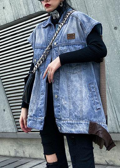 Simple denim blue cotton blouses for women lapel sleeveless Midi spring tops