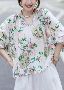 Simple linen box top Fashion Print Cotton Linen V-Neck Lantern Sleeve Blouse