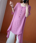 Simple pink clothes For Women o neck asymmetric Midi blouse