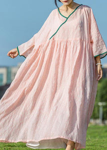 Simple pink linen Robes v neck Extra large hem Maxi summer Dresses