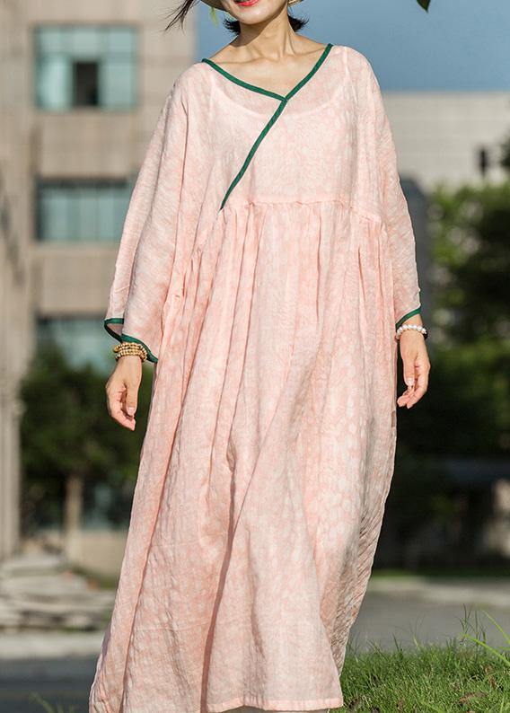 Simple pink linen Robes v neck Extra large hem Maxi summer Dresses
