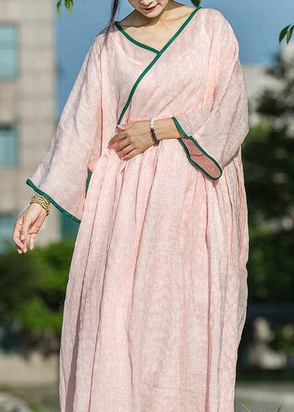 Simple pink linen Robes v neck Extra large hem Maxi summer Dresses