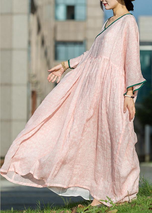 Simple pink linen Robes v neck Extra large hem Maxi summer Dresses