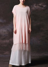 Load image into Gallery viewer, Simple pink tassel cotton Long Shirts o neck loose summer Dress