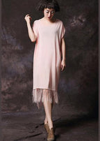 Simple pink tassel cotton Long Shirts o neck loose summer Dress