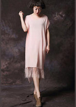 Load image into Gallery viewer, Simple pink tassel cotton Long Shirts o neck loose summer Dress