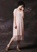 Simple pink tassel cotton Long Shirts o neck loose summer Dress