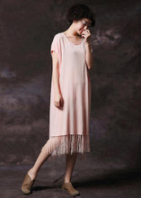 Load image into Gallery viewer, Simple pink tassel cotton Long Shirts o neck loose summer Dress