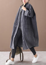 Load image into Gallery viewer, Simple stand collar drawstring Fashion tunic coat denim black Midi women coats