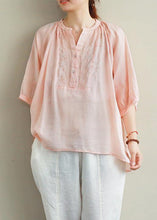 Load image into Gallery viewer, Simple v neck lantern sleeve linen top silhouette Fashion Ideas pink embroidery shirt