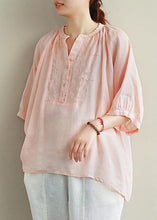 Load image into Gallery viewer, Simple v neck lantern sleeve linen top silhouette Fashion Ideas pink embroidery shirt