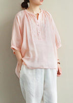 Simple v neck lantern sleeve linen top silhouette Fashion Ideas pink embroidery shirt