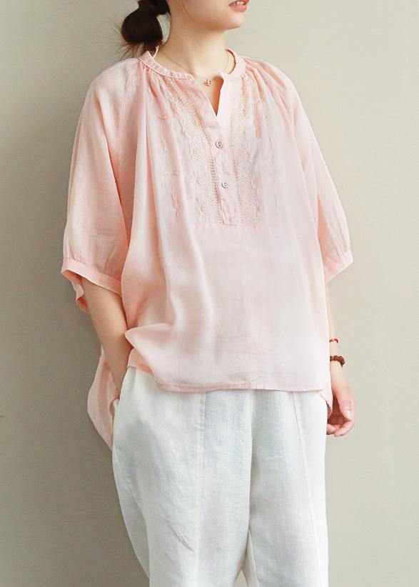 Simple v neck lantern sleeve linen top silhouette Fashion Ideas pink embroidery shirt