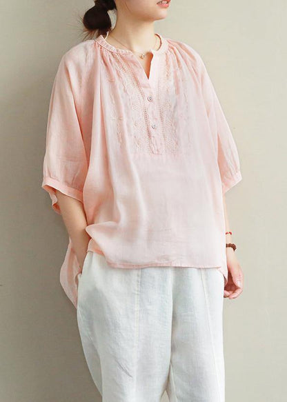 Simple v neck lantern sleeve linen top silhouette Fashion Ideas pink embroidery shirt