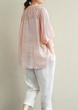Load image into Gallery viewer, Simple v neck lantern sleeve linen top silhouette Fashion Ideas pink embroidery shirt