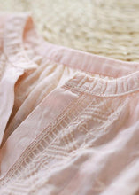 Load image into Gallery viewer, Simple v neck lantern sleeve linen top silhouette Fashion Ideas pink embroidery shirt
