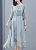 Sky Blue Print Chiffon Beach Dress Cinched Exra Large Hem Half Sleeve